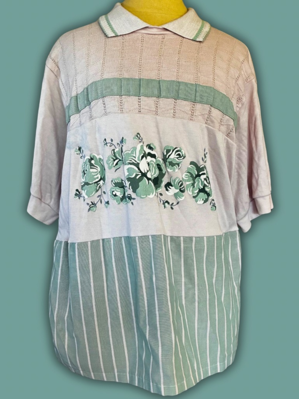 Vintage Women's Floral Stripe Polo Top in Light Pink & Sage